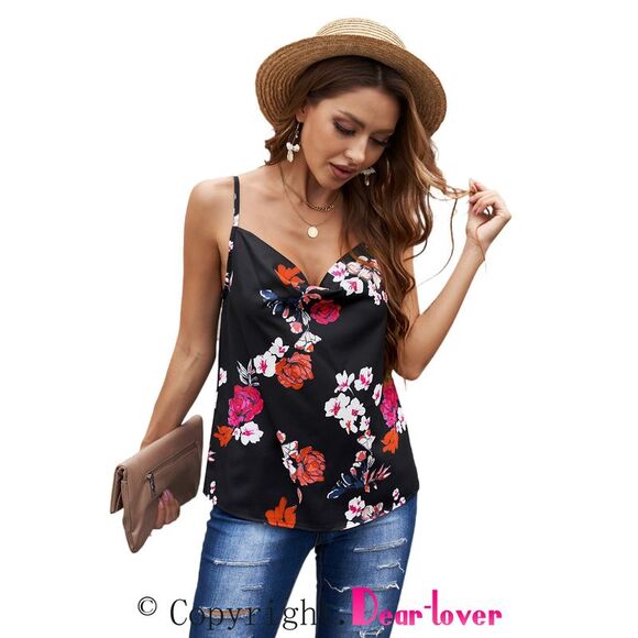 Azura Exchange  Black Floral Print Cowl Neck Spaghetti Straps Tank Top - Picture 3 of 13